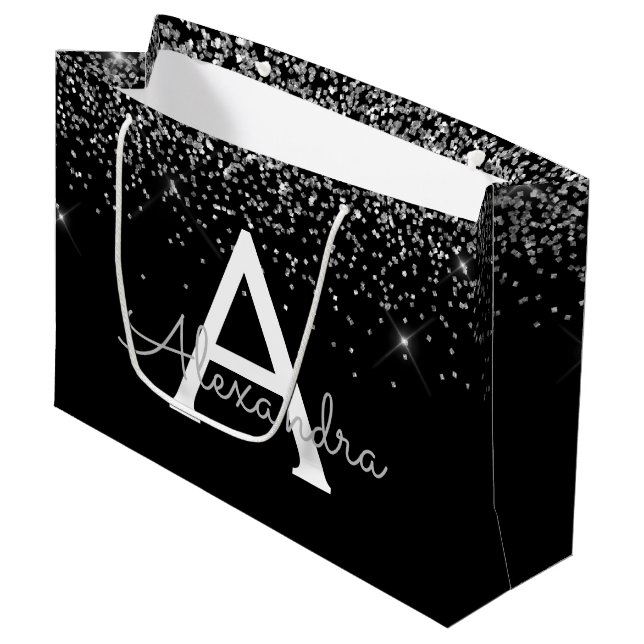 Silver Black Glitter & Sparkle Monogram Large Gift Bag (Front Angled)