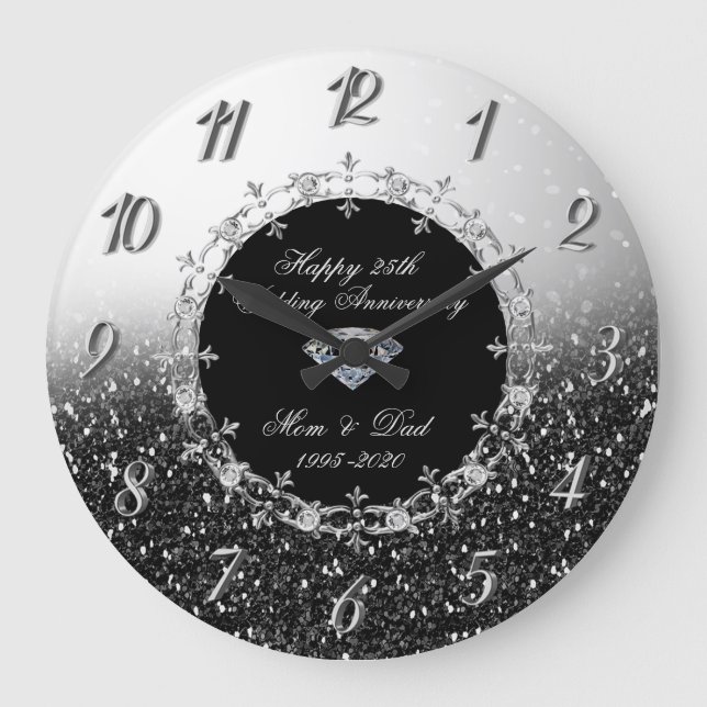 Silver Black Glittery 25th Wedding Anniversary Large Clock (Front)