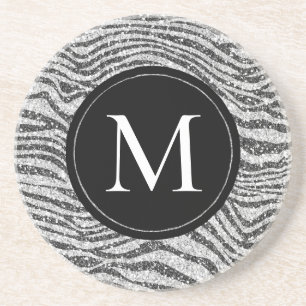 Silver Black Glitz Zebra Glitter Monogram    Coaster