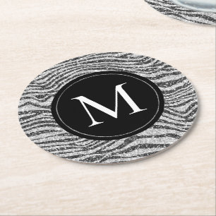 Silver Black Glitz Zebra Glitter Monogram   Round Paper Coaster
