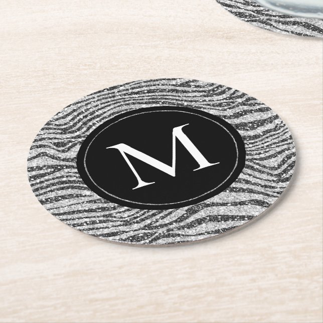 Silver Black Glitz Zebra Glitter Monogram   Round Paper Coaster (Angled)