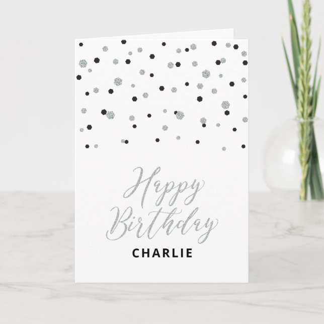 Silver & Black Happy Birthday Custom Name Greeting Card (Front)