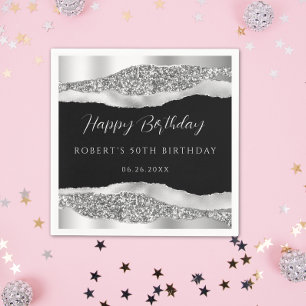 Silver Black Happy Birthday Paper Napkin