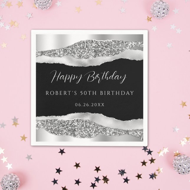Silver Black Happy Birthday Paper Napkin (Creator Uploaded)