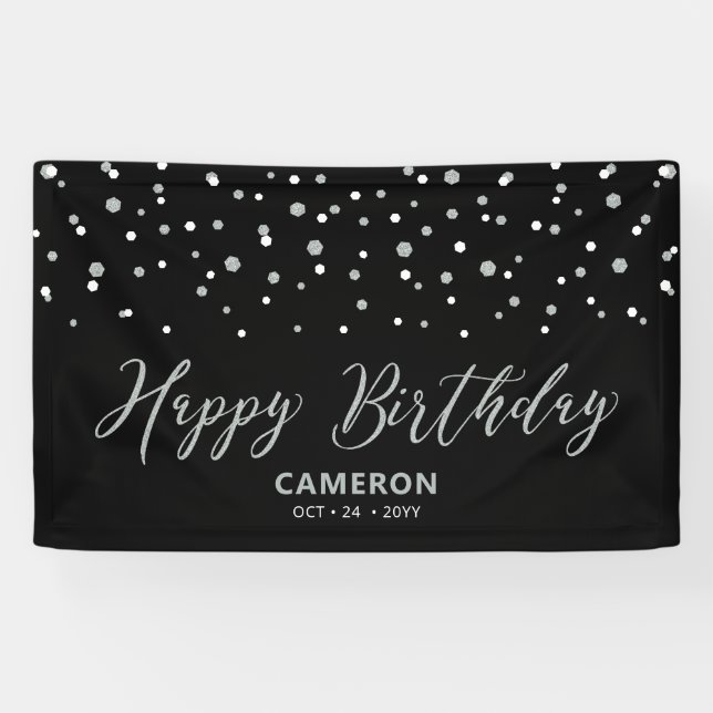 Silver & Black Hexagon Confetti Happy Birthday Ban Banner (Horizontal)
