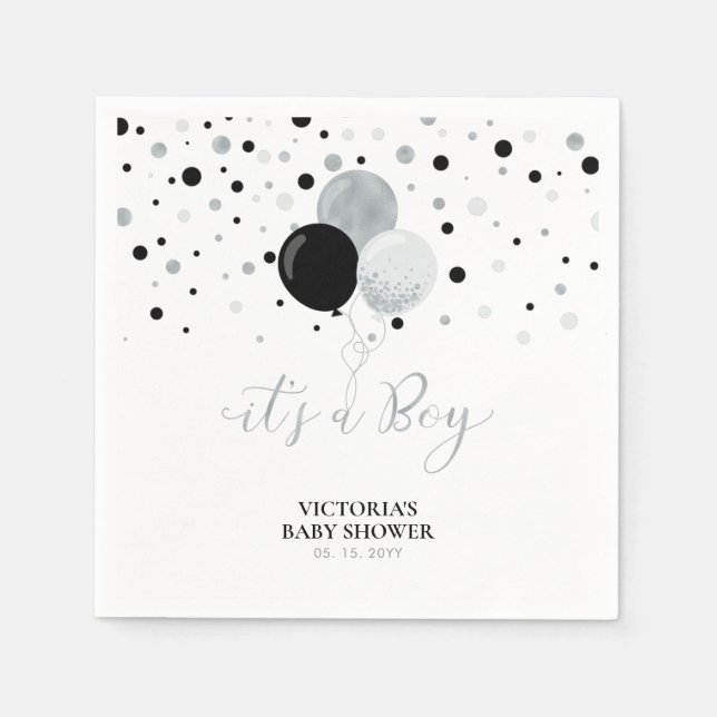 Silver & Black It's a Boy Baby Shower Napkins (Front)