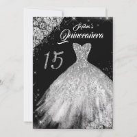 Silver Black Lace Diamond Sparkle Gown Quinceanera