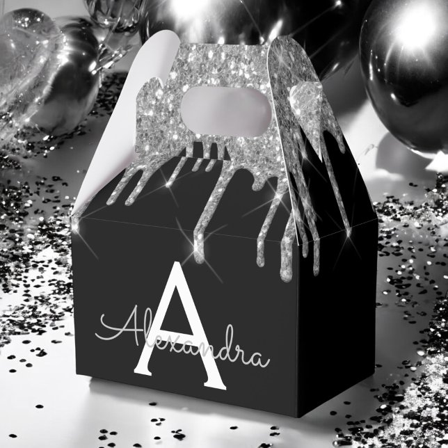 Silver Black Luxury Glitter Glam Monogram Name Favour Box (Creator Uploaded)