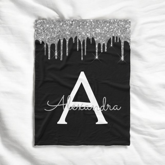 Silver Black Luxury Glitter Glam Monogram Name Fleece Blanket (Creator Uploaded)