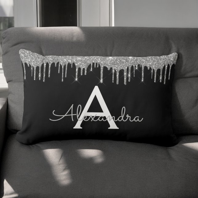 Silver Black Luxury Glitter Glam Monogram Name Lumbar Cushion (Creator Uploaded)