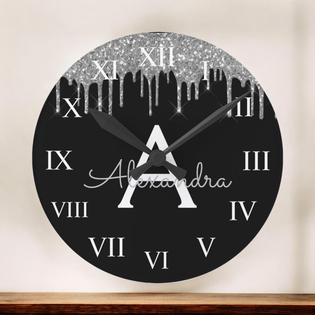 Silver Black Luxury Glitter Glam Monogram Name Round Clock (Creator Uploaded)