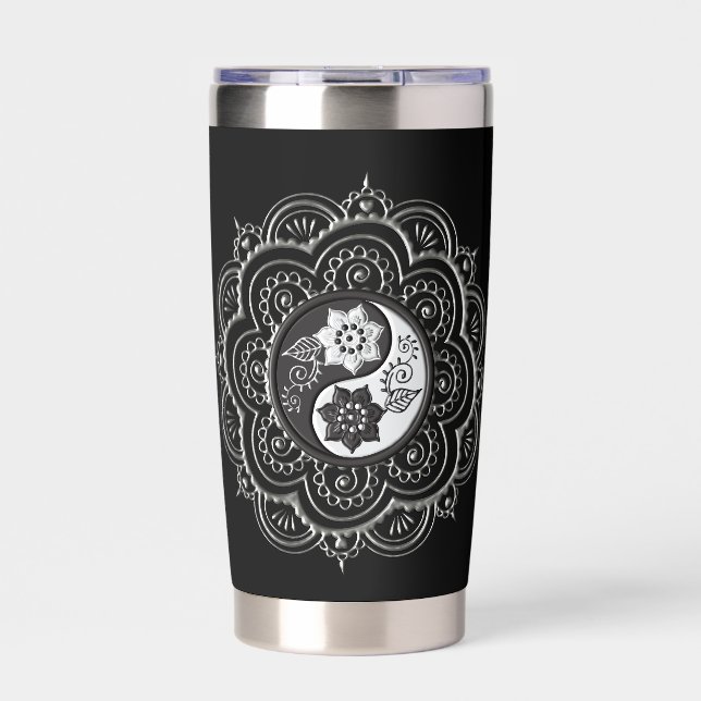 Silver & Black Mandala water bottle Insulated Tumbler (Front)