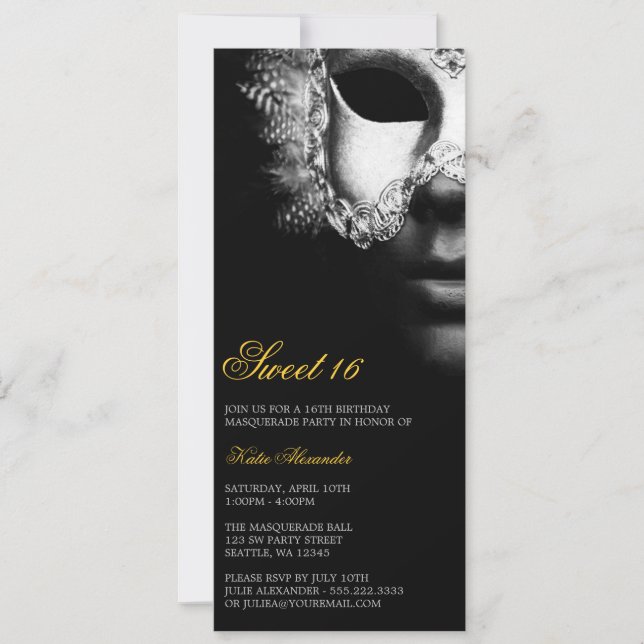 Silver Black Masquerade Sweet 16 Birthday Invites (Front)