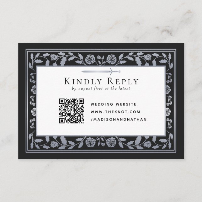 Silver Black Mediaeval Sword Wedding RSVP QR Code Enclosure Card (Front)