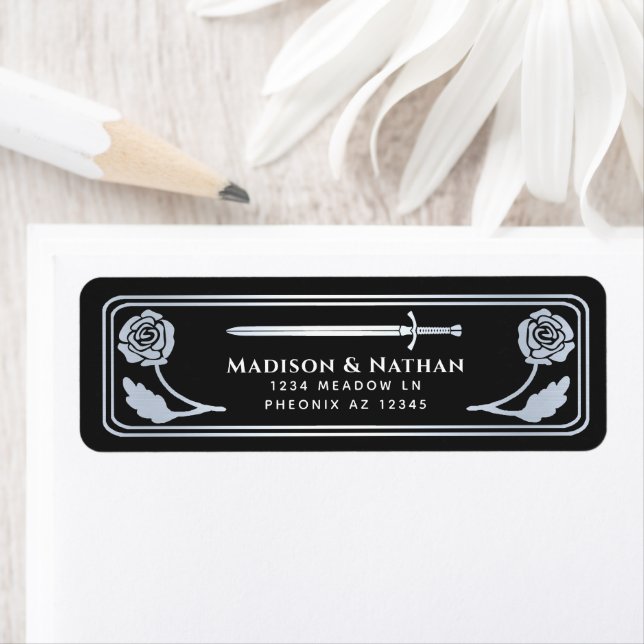 Silver Black Medieval Fantasy Sword Wedding Label (Insitu)