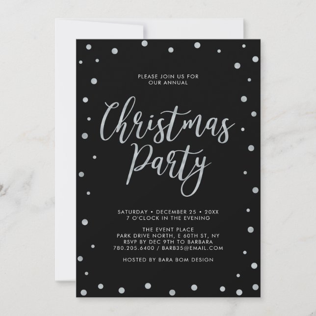 Silver & Black Modern Confetti Christmas Party Invitation (Front)