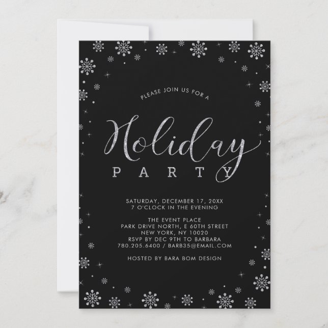Silver & Black | Modern Snowflakes Holiday Party Invitation (Front)
