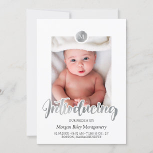Silver & Black Monogram Introducing Baby Announcement