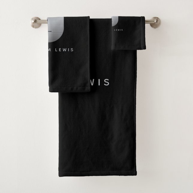 Silver & Black Monogram Modern Minimalist Bath Towel Set (Insitu)