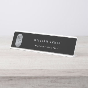 Silver & Black Monogram Modern Minimalist Desk Name Plate