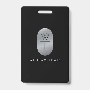 Silver & Black Monogram Modern Minimalist ID Badge