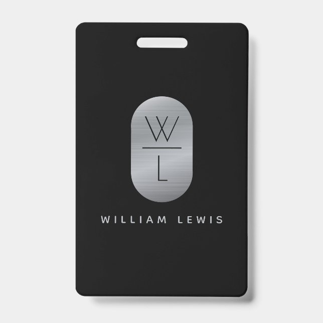 Silver & Black Monogram Modern Minimalist ID Badge (Front)