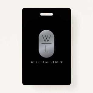 Silver & Black Monogram Modern Minimalist ID Badge