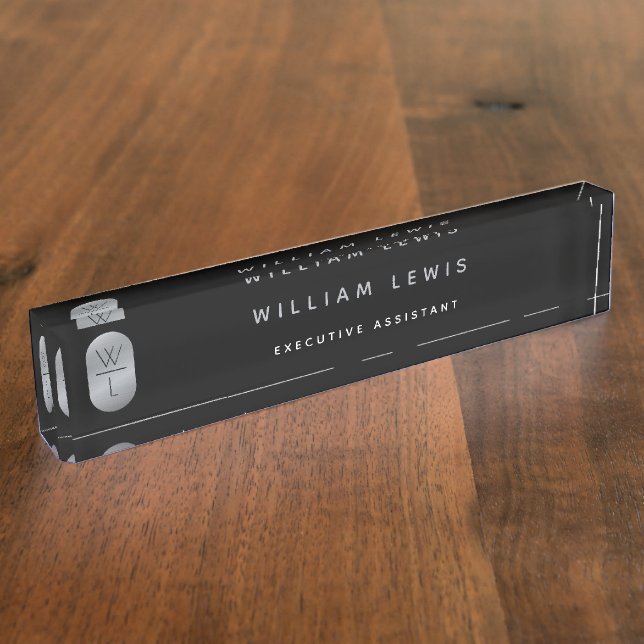 Silver & Black Monogram Modern Minimalist Nameplate (Side)