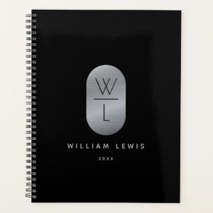 Silver & Black Monogram Modern Minimalist Planner