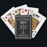Silver Black Monogrammed Luxury Personalised Name Playing Cards<br><div class="desc">Designed in black and faux silver, this vintage-inspired Art Deco design includes a silver-coloured floral / geometric ornament theme and space for your name, 3 monogram letters, card club, and location - or any text you want. This classy card deck has a luxurious, antique look. Use the easy templates to...</div>