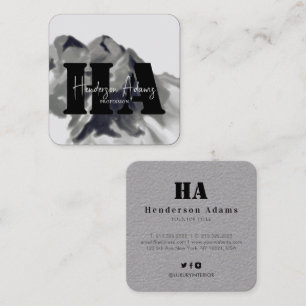 Silver Black Mountains Abstract Signature Monogram Square Business Card