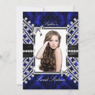 Silver Black Navy Jewel & Damask Photo Sweet 16 Invitation