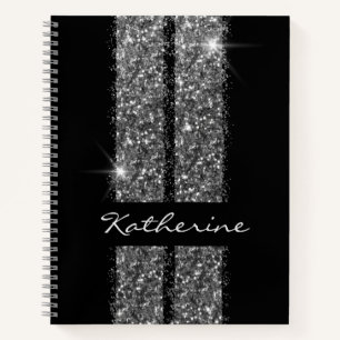Silver Black Personalised Glitter Race Stripe Notebook