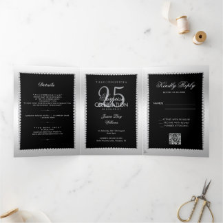 Silver Black Photo, QR Code 25th Surprise Birthday Tri-Fold Invitation