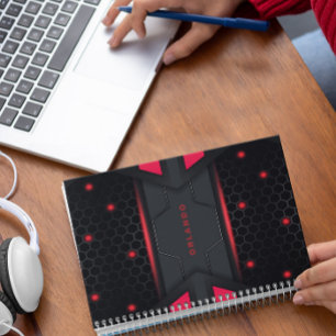 Silver, black, red geometric gaming monogram notebook