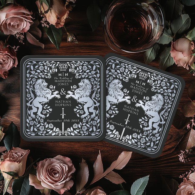 Silver Black Royal Lion Mediaeval Sword Wedding Square Paper Coaster (Creator Uploaded)