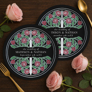 Silver Black Royal Mediaeval Floral Sword Wedding  Paper Plate