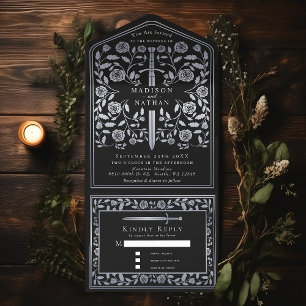 Silver Black Royal Mediaeval Sword Wedding All In One Invitation