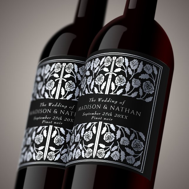 Silver Black Royal Mediaeval Sword Wedding Wine Label (Creator Uploaded)