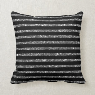 Silver Black Shining Faux Glitter Stripes Pattern Cushion