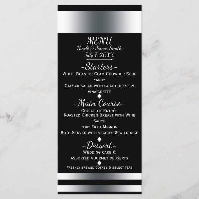 Silver & Black Simple Elegant Chic Menu Card (Front)