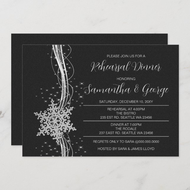 Silver Black Snowflakes Winter Rehearsal Dinner  Invitation (Front/Back)