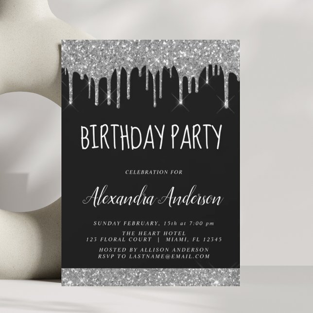 Silver Black Sparkle Glitter Any Age Birthday Invitation (Creator Uploaded)