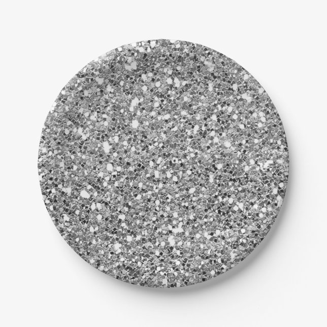 Silver Black Sparkle Glitter Glam Custom Party Paper Plate (Front)