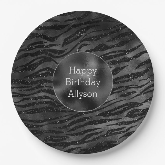Silver Black Sparkle Zebra Print Paper Plate (Front)