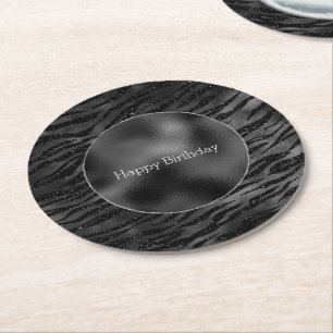 Silver Black Sparkle Zebra Print Round Paper Coaster