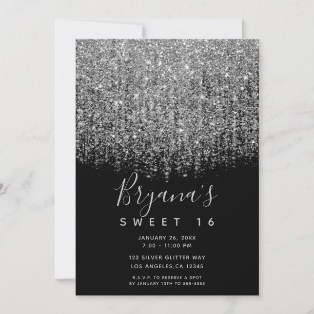 Silver & Black Sparkly Glitter Sweet 16 Party  Invitation (Front)
