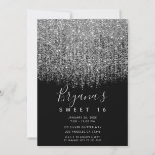 Silver & Black Sparkly Glitter Sweet 16 Party  Invitation