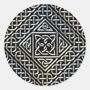 Silver Black Square Shapes Celtic Knotwork Pattern Classic Round Sticker