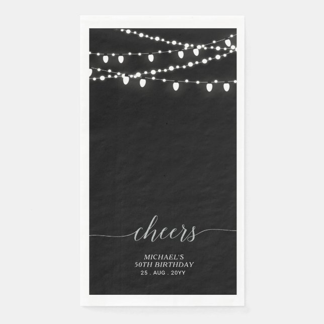 Silver Black String Light Elegant Lettering Cheers Napkin (Front)